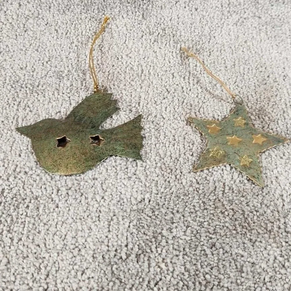 Metal Ornaments Green Gold Bird Star Rustic Verdigris Set of 2